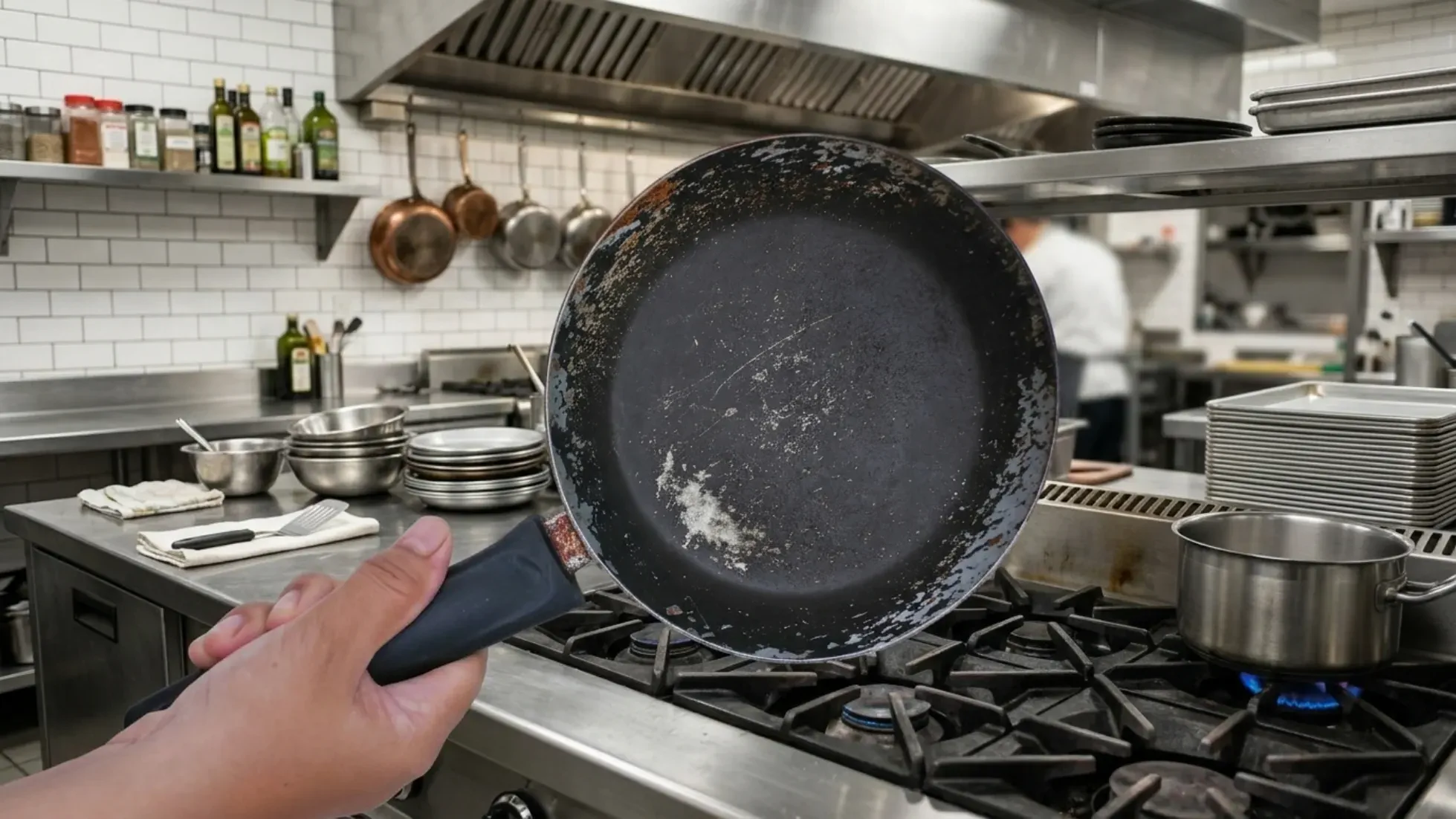worn out non-stick pan in commercial kitchen